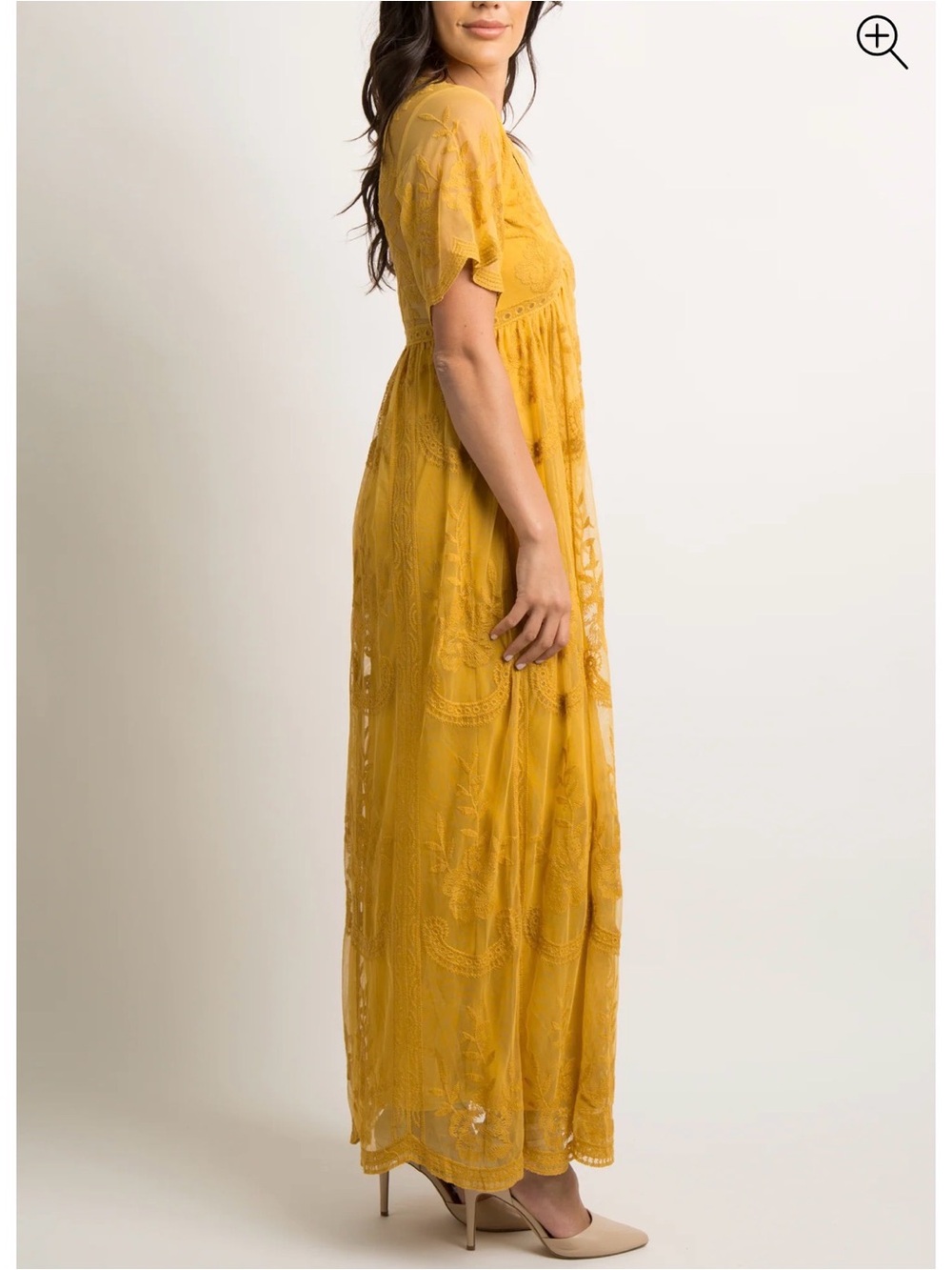 PINK BLUSH Women's Yellow Embroidered Lace Short Sleeve Maxi Dress Size M - Picture 2 of 5